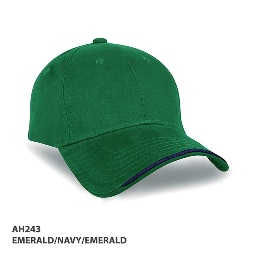 A green cap with navy and emerald accents, featuring a curved brim and a logo.