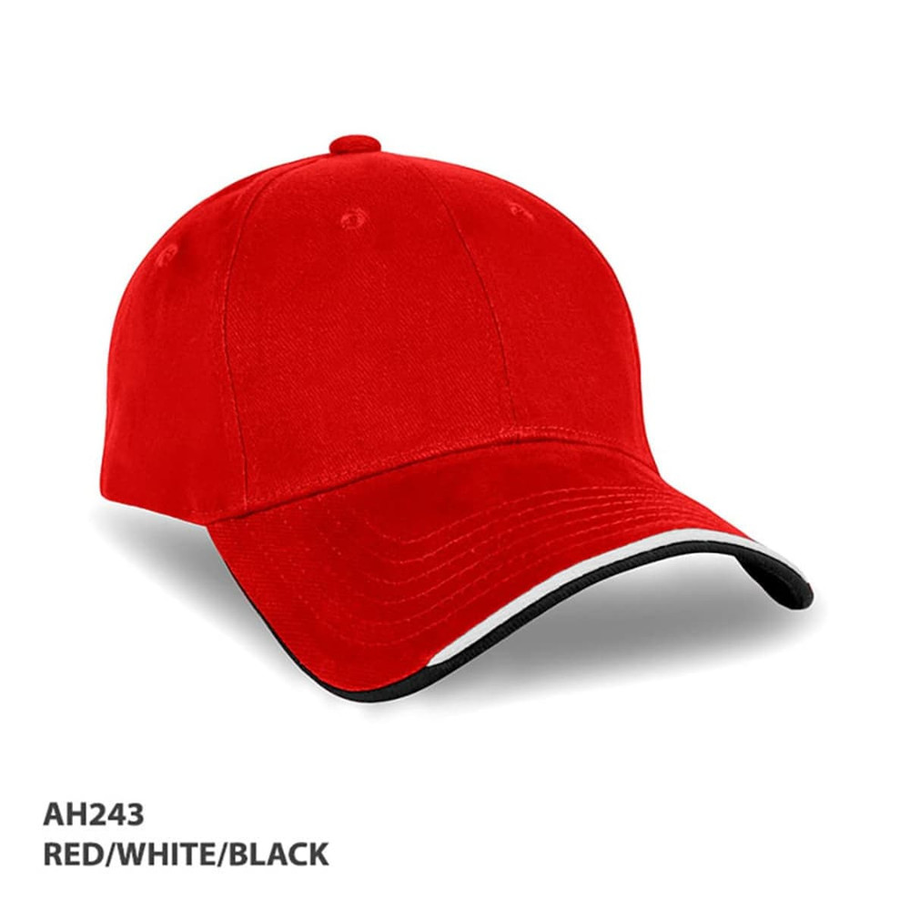 A red cap with a black and white trim, featuring a logo on the front.