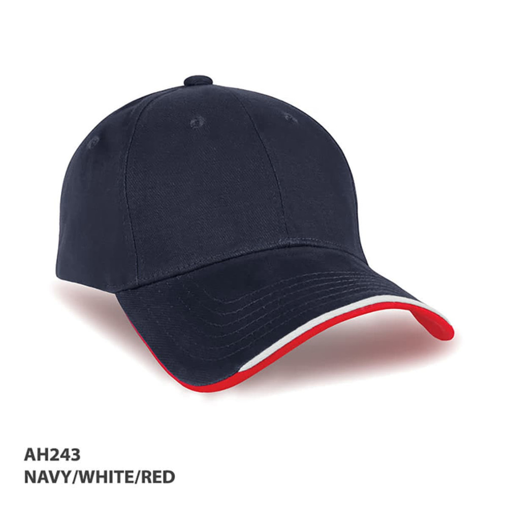 A navy, white, and red cap with a curved brim and a logo on the front.