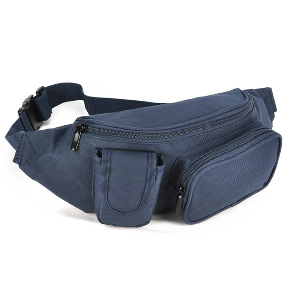 A navy waist bag with multiple zippered compartments and side pockets, featuring a logo.