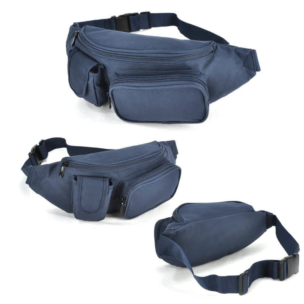 A navy blue waist bag with multiple zippered compartments and an adjustable strap, featuring a logo.