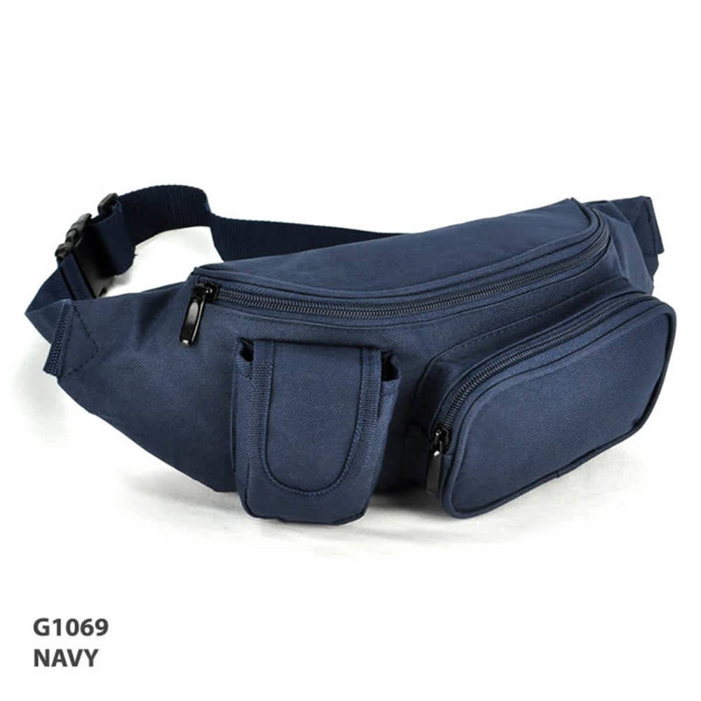 A navy waist bag featuring multiple zippered compartments and side pockets, complete with a logo.