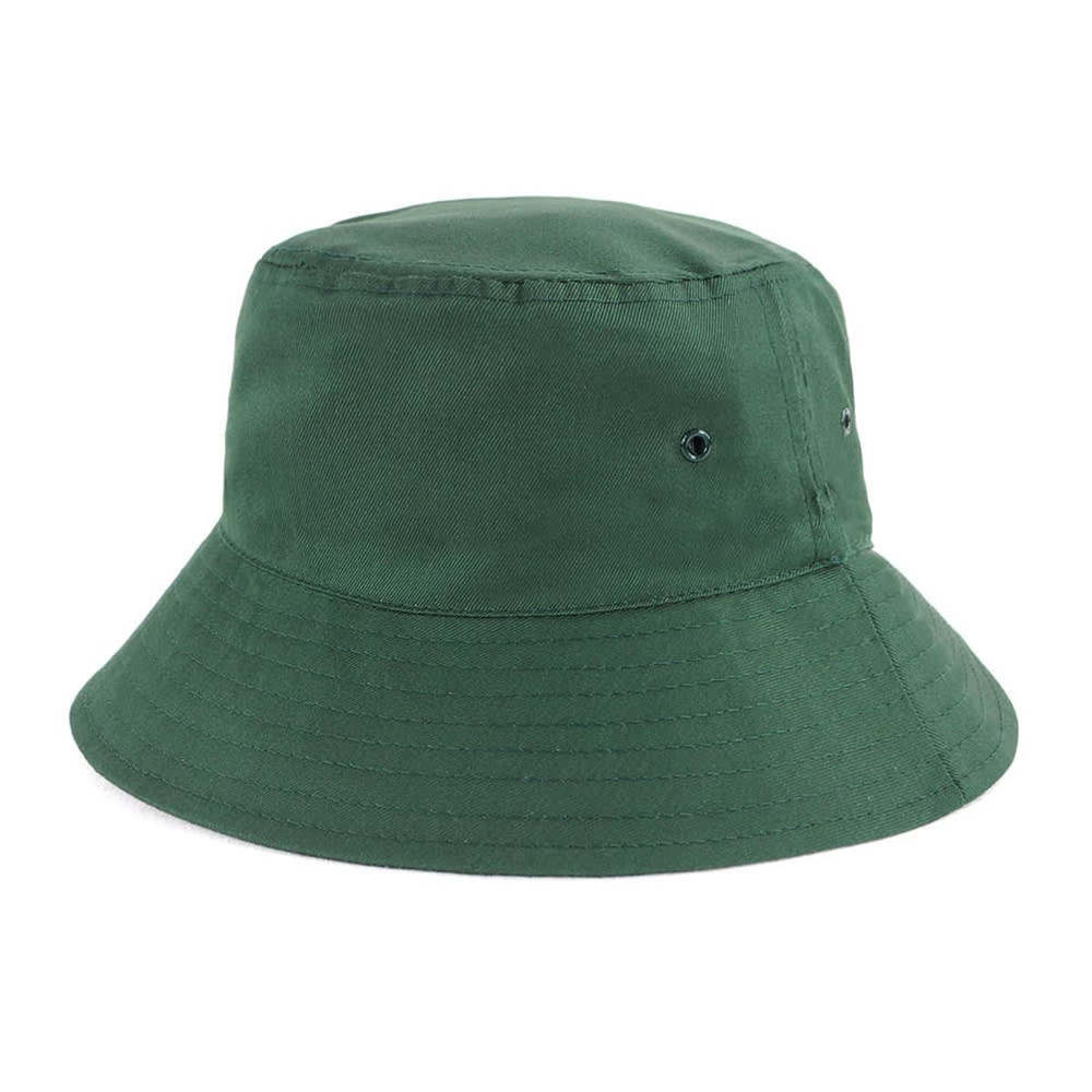 A green polycotton bucket hat featuring a wide brim and a logo detail.