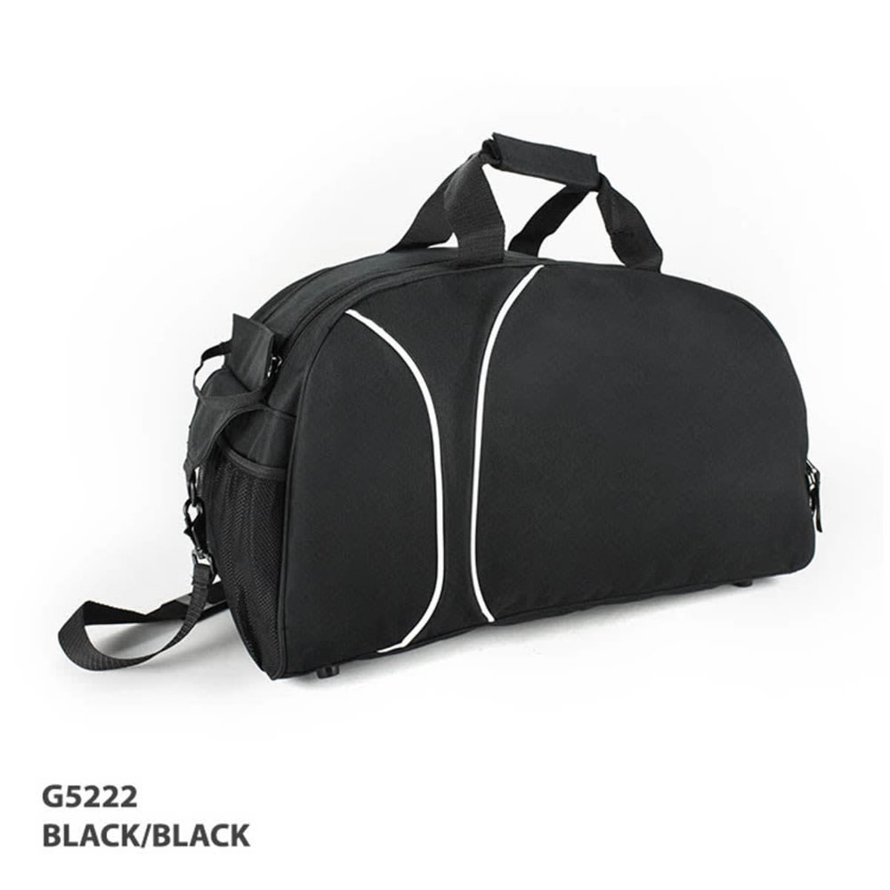 A black duffle bag with contrasting white lines and a shoulder strap, featuring a logo.