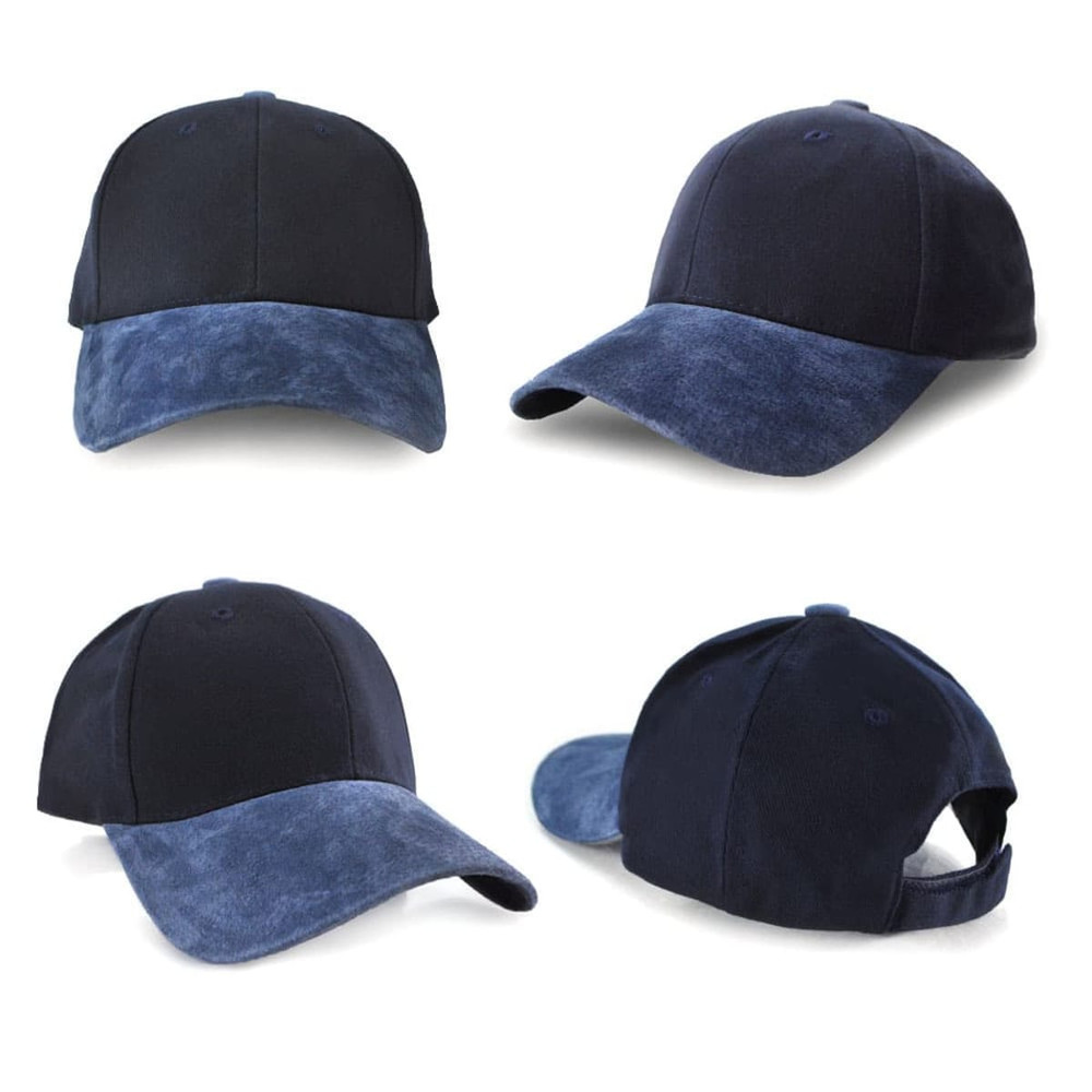 A cap in navy blue with a suede peak, featuring a logo and multiple angles displayed.
