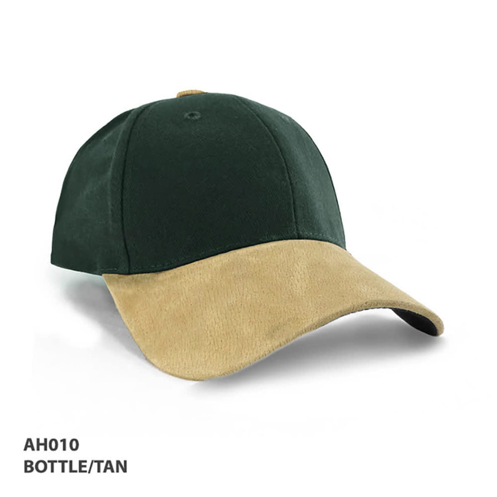 A green cap with a tan suede peak and a logo. Designed for promotional use.