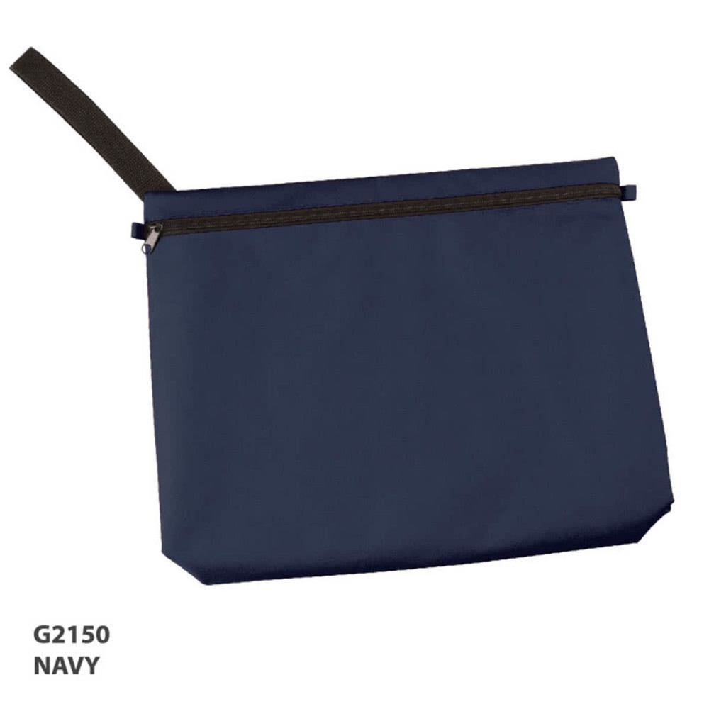 A navy business satchel with a zip closure and a side handle, featuring a branding logo.