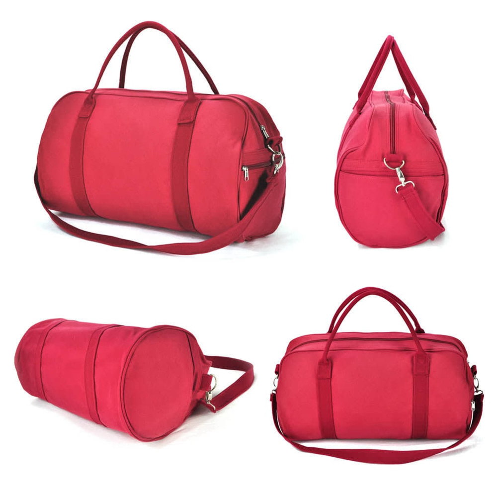 A red duffle bag featuring multiple handles and a shoulder strap, with a logo on the side.