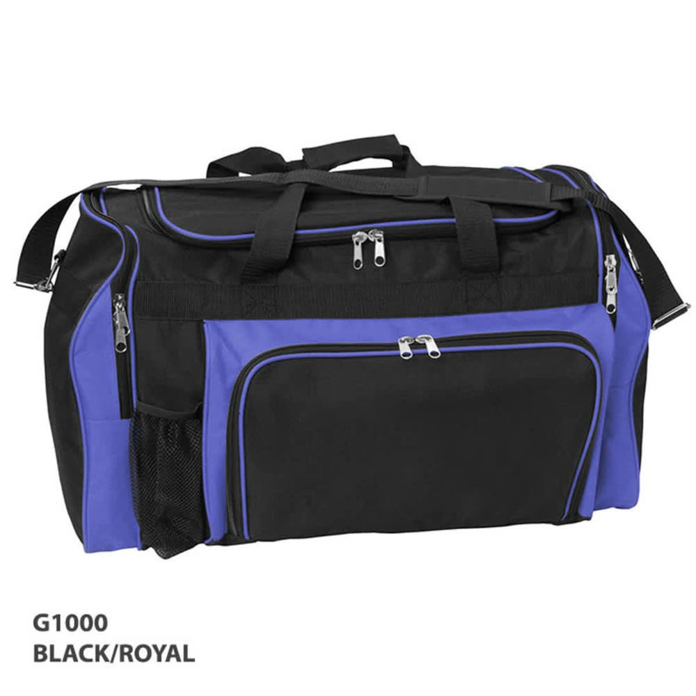 A duffle bag in black with royal blue accents, featuring multiple zippered compartments and a side mesh pocket.