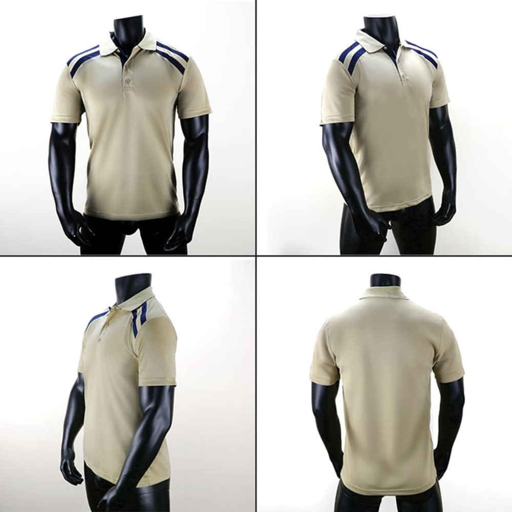 A beige polo shirt with navy blue accents, featuring a collar and a logo on the chest.
