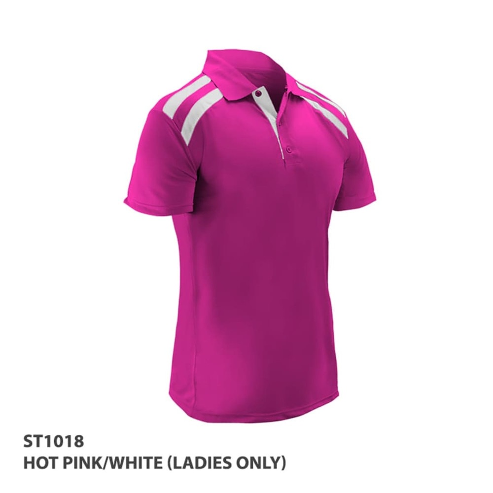 A hot pink polo shirt with white accents and a collar, featuring a logo on the chest.