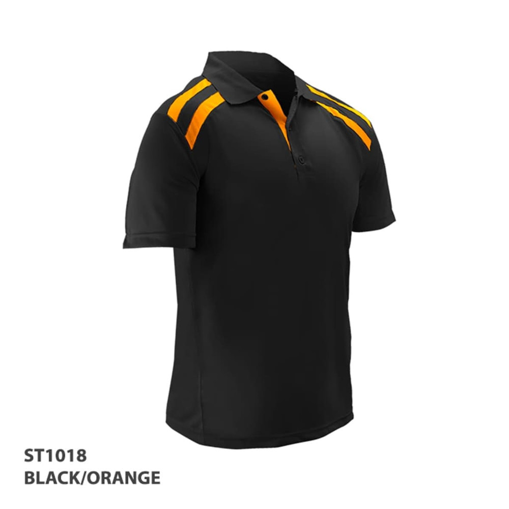 A black and orange polo shirt with striped accents and a collar. It features a logo on the chest.