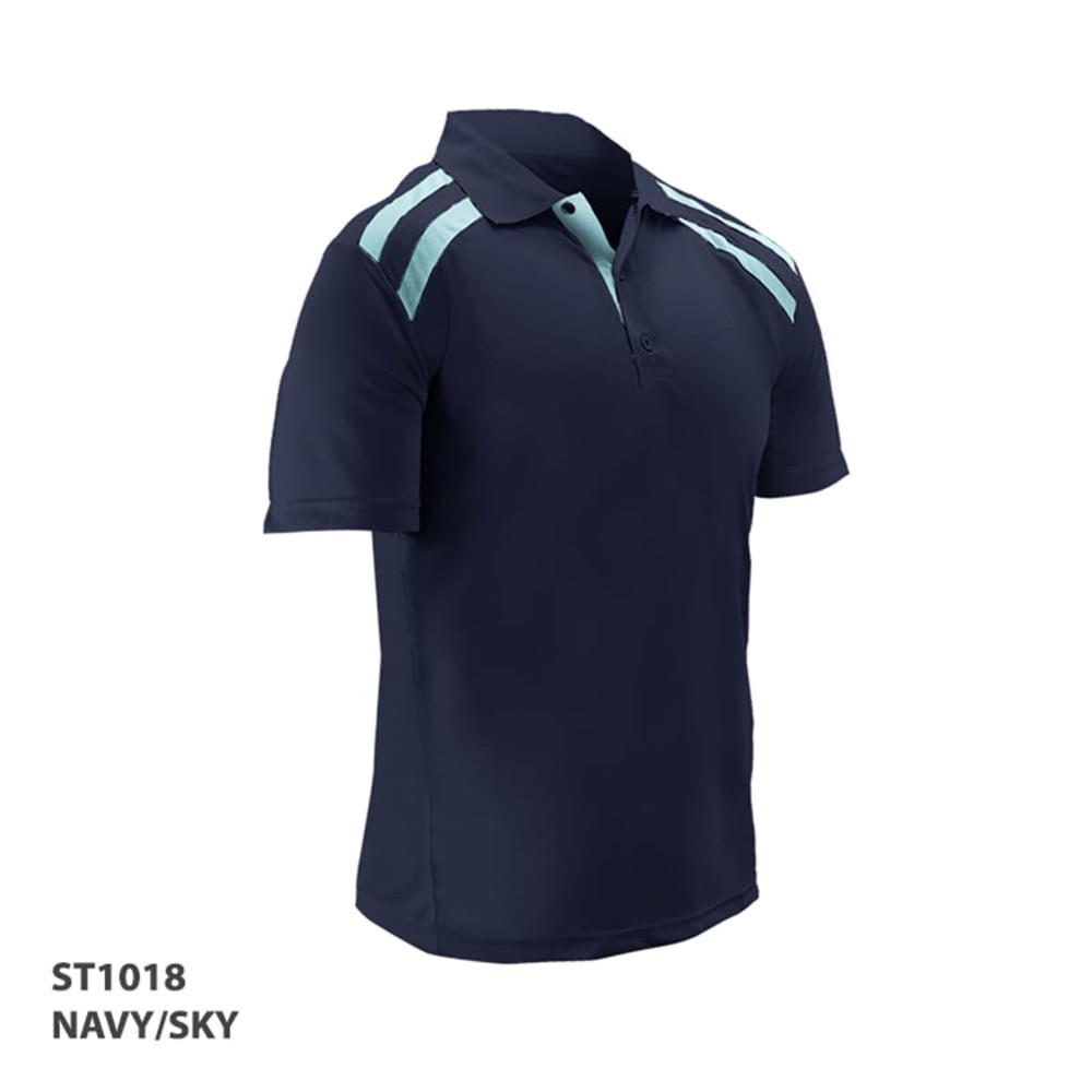 A navy and sky polo shirt with a collared neck and striped shoulder design, featuring a logo.