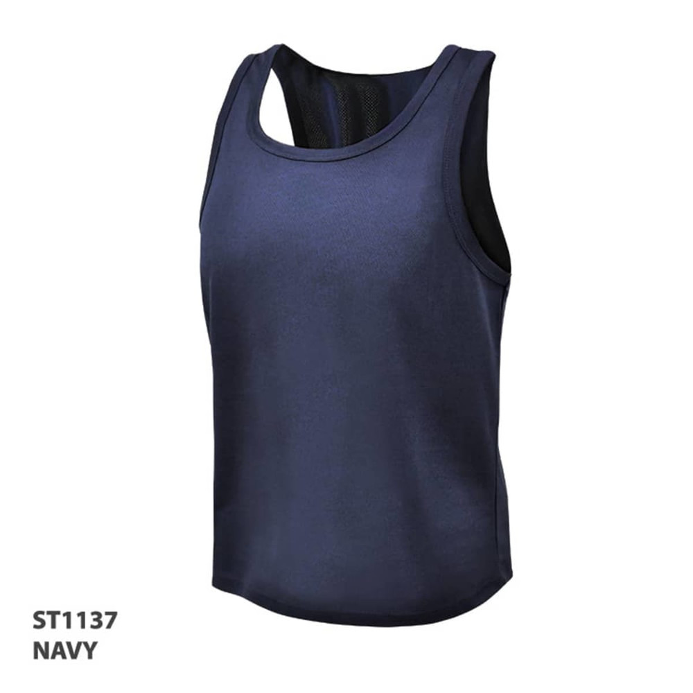 A navy singlet with a mesh back, featuring a logo. Suitable for casual wear or sports.