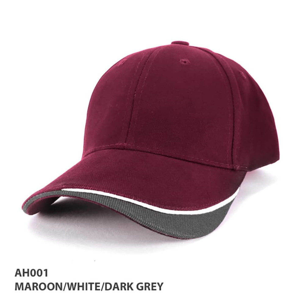A maroon cap with a grey and white brim, featuring a logo. Suitable for headwear promotion.