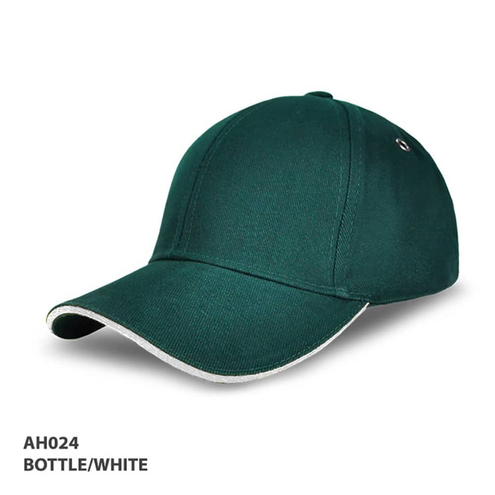 A bottle green cap with a white trim and a logo on the side. Suitable for casual wear.