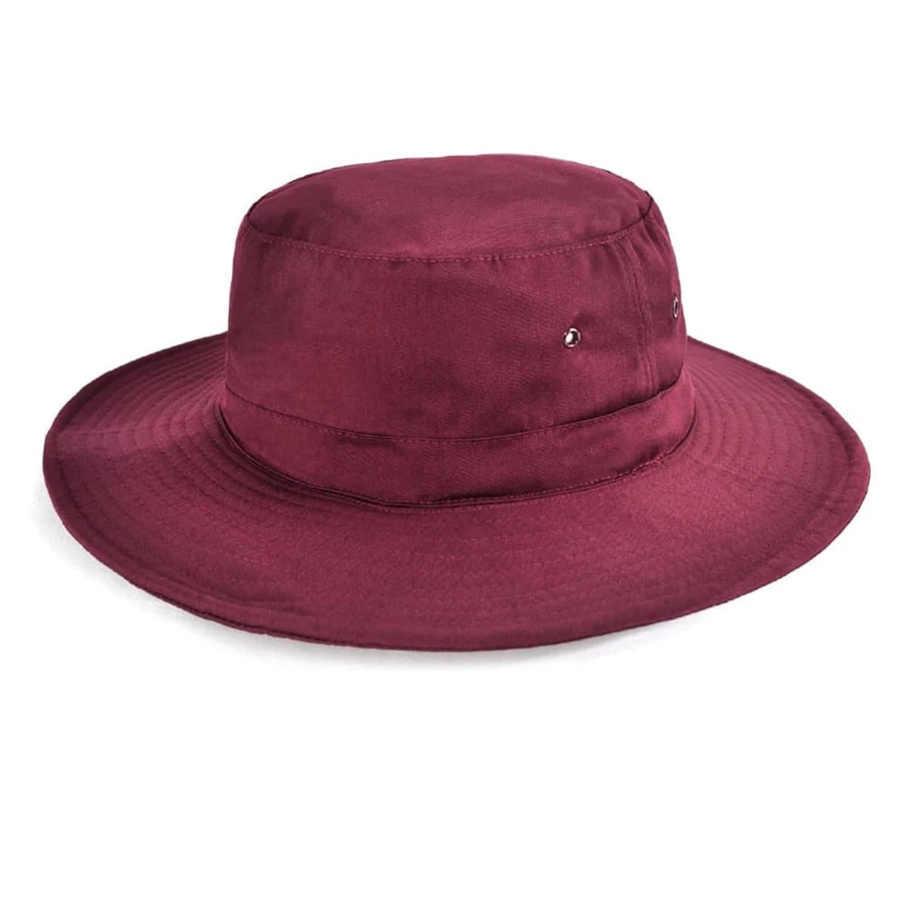 A burgundy Polyviscose school hat with a wide brim and two decorative accents on the side. Features a smooth finish.