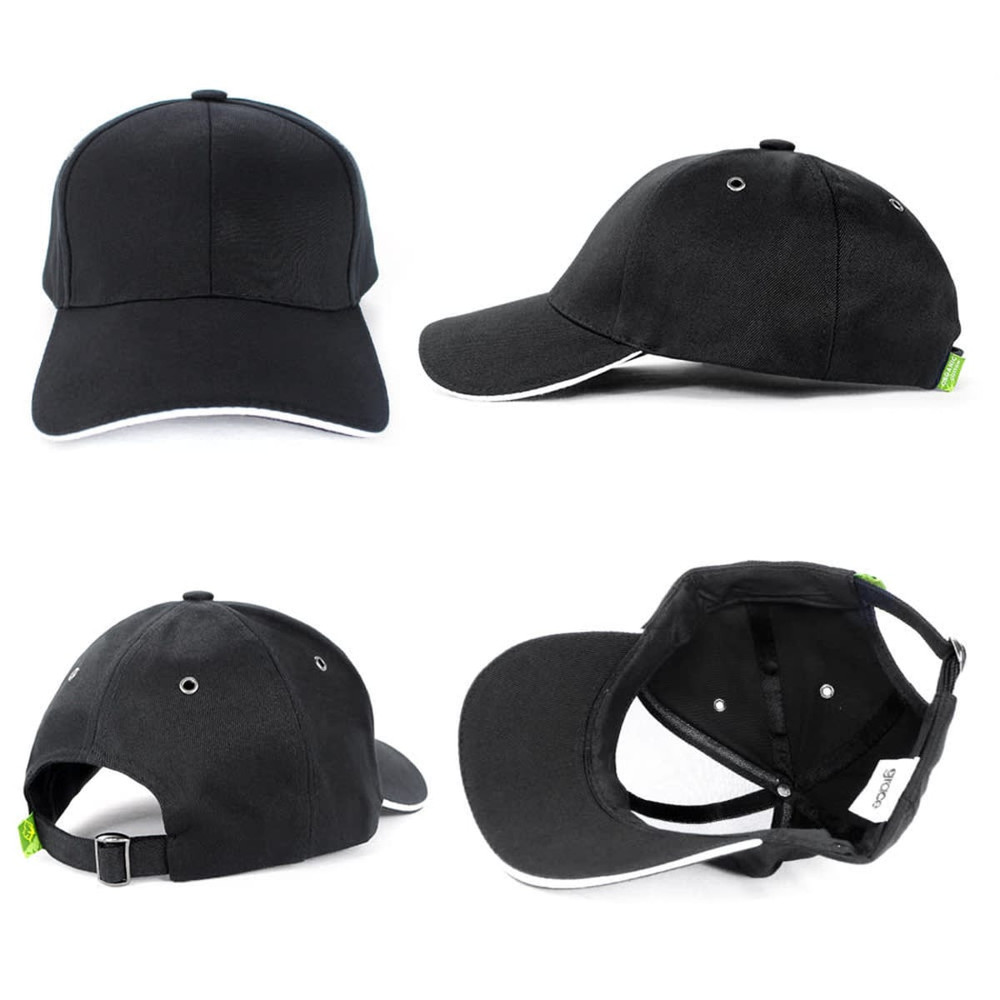 A black organic cotton sandwich cap with a white accent. It features a logo and has adjustable sizing at the back.