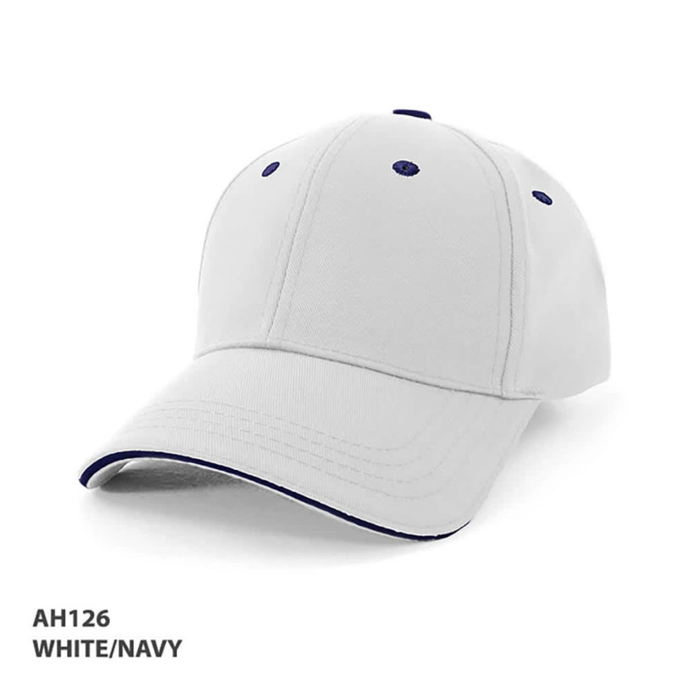 A white and navy cap with a structured design and a logo on the front.