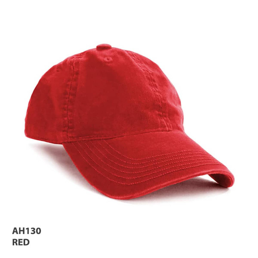 A red enzyme washed cap with a curved visor and an adjustable strap at the back. It features a logo.