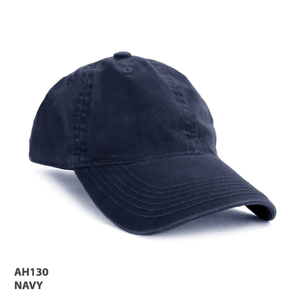A navy enzyme washed cap with a curved brim and a logo.