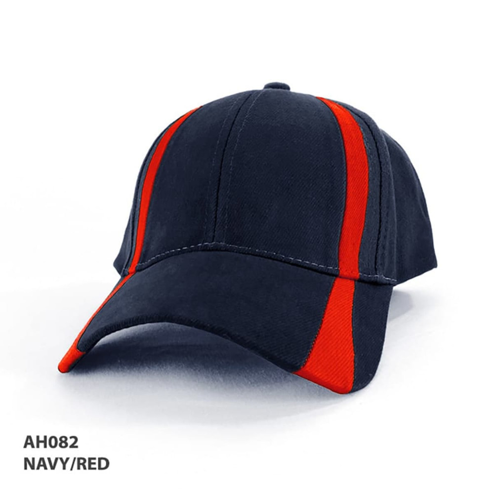 A navy cap with red accents and a curved brim, featuring a logo on the front.