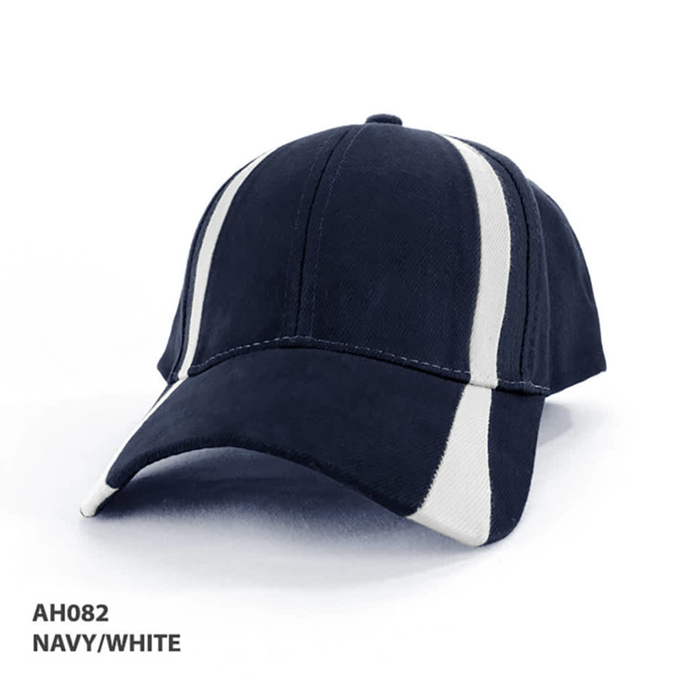 A navy cap featuring contrasting white stripes and a structured brim, with a logo on the front.