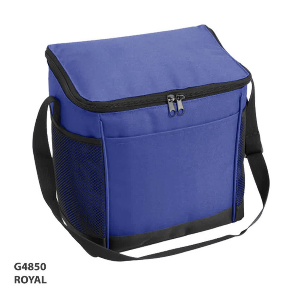 A royal blue cooler bag with a zippered top, side mesh pocket, and adjustable shoulder strap. It features a logo.