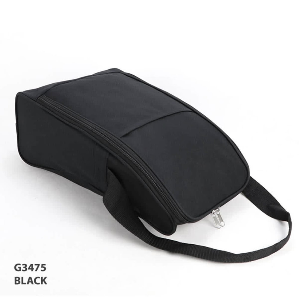 A black shoe bag with a zipper, featuring a carrying strap and a rectangular design. It has a logo on the side.
