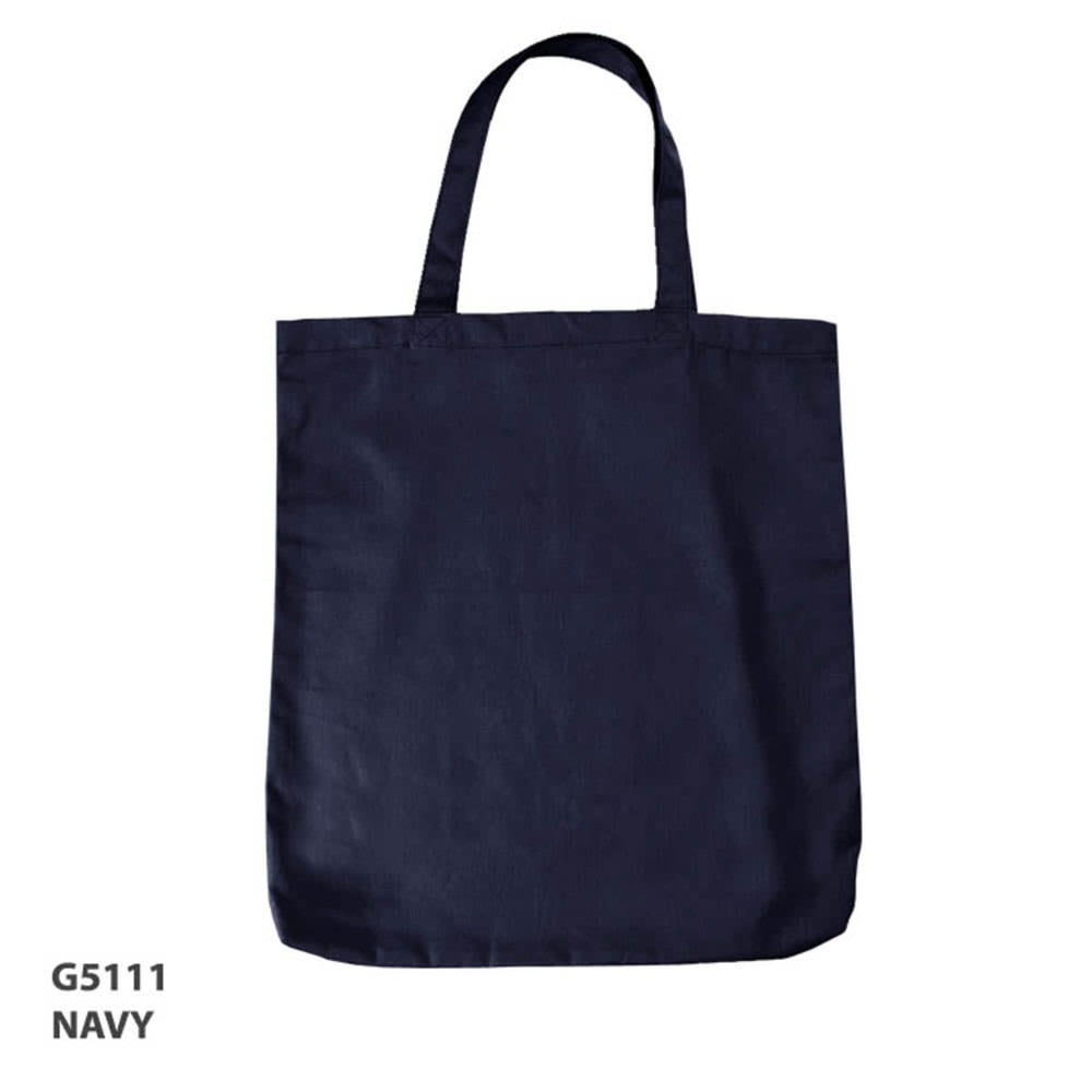 A navy canvas tote bag with standard handles and a simple design, featuring a branding logo.