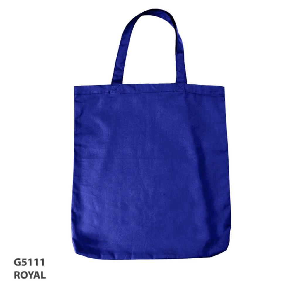 A royal blue canvas tote bag with two handles and a plain design, featuring a logo on one side.
