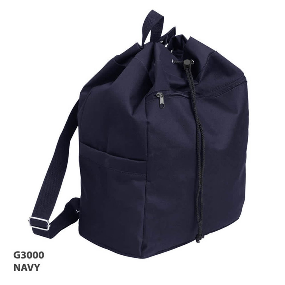 A navy drawstring kitbag with a zippered top, side pocket, and adjustable strap. It features a logo.