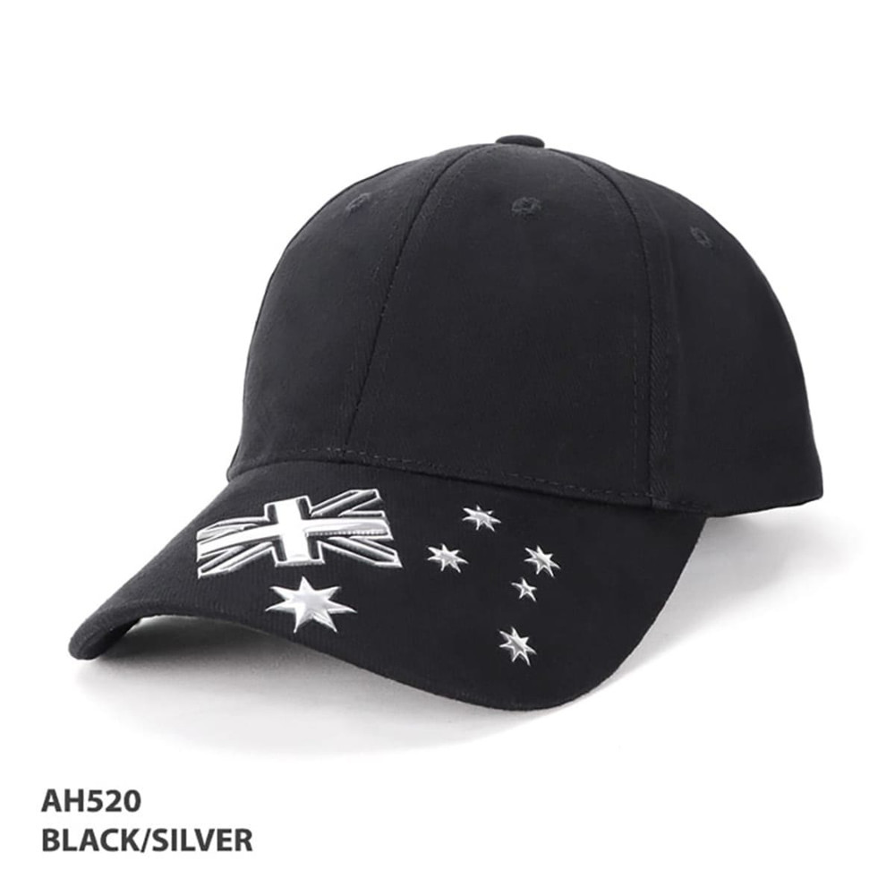 A black cap featuring a logo and Australian flag design, adorned with stars on the brim.