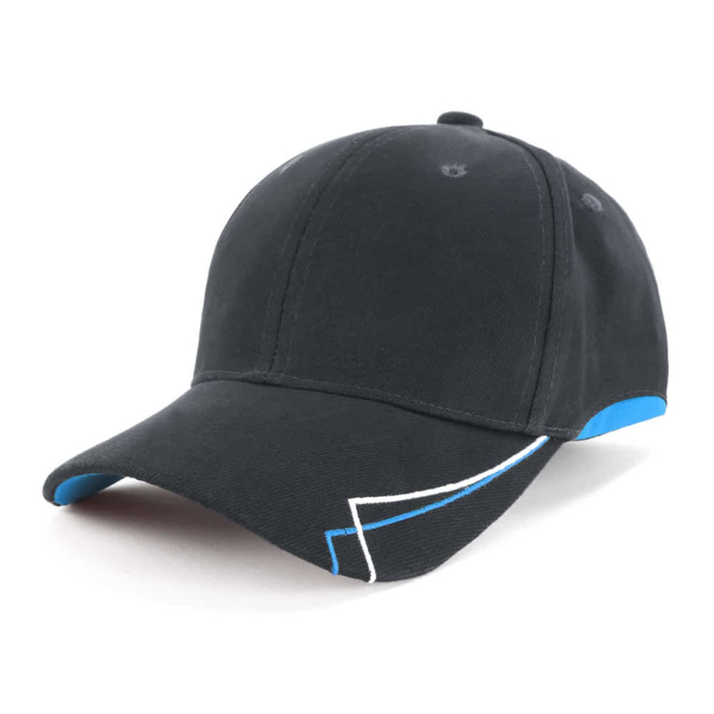 A black cap with blue and white accents, featuring a logo on the front.