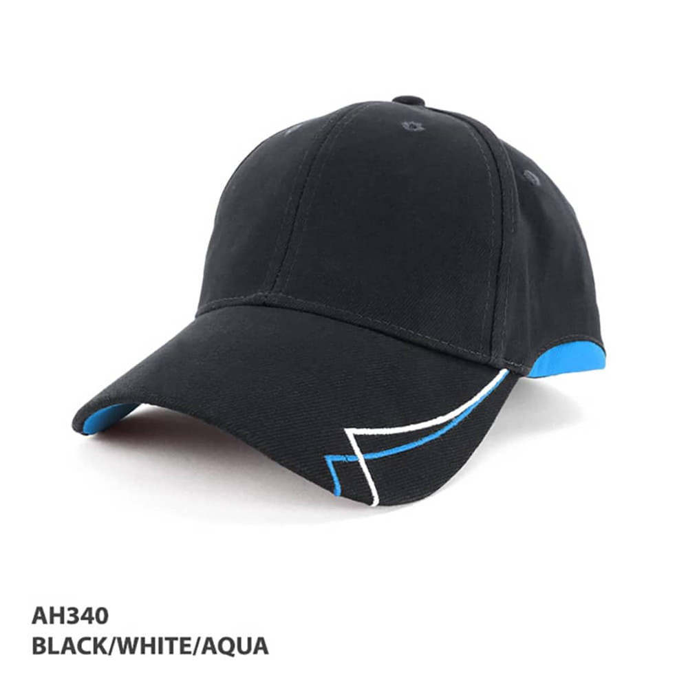 A black cap with white and aqua accents, featuring a logo on the front. Suitable for casual wear.