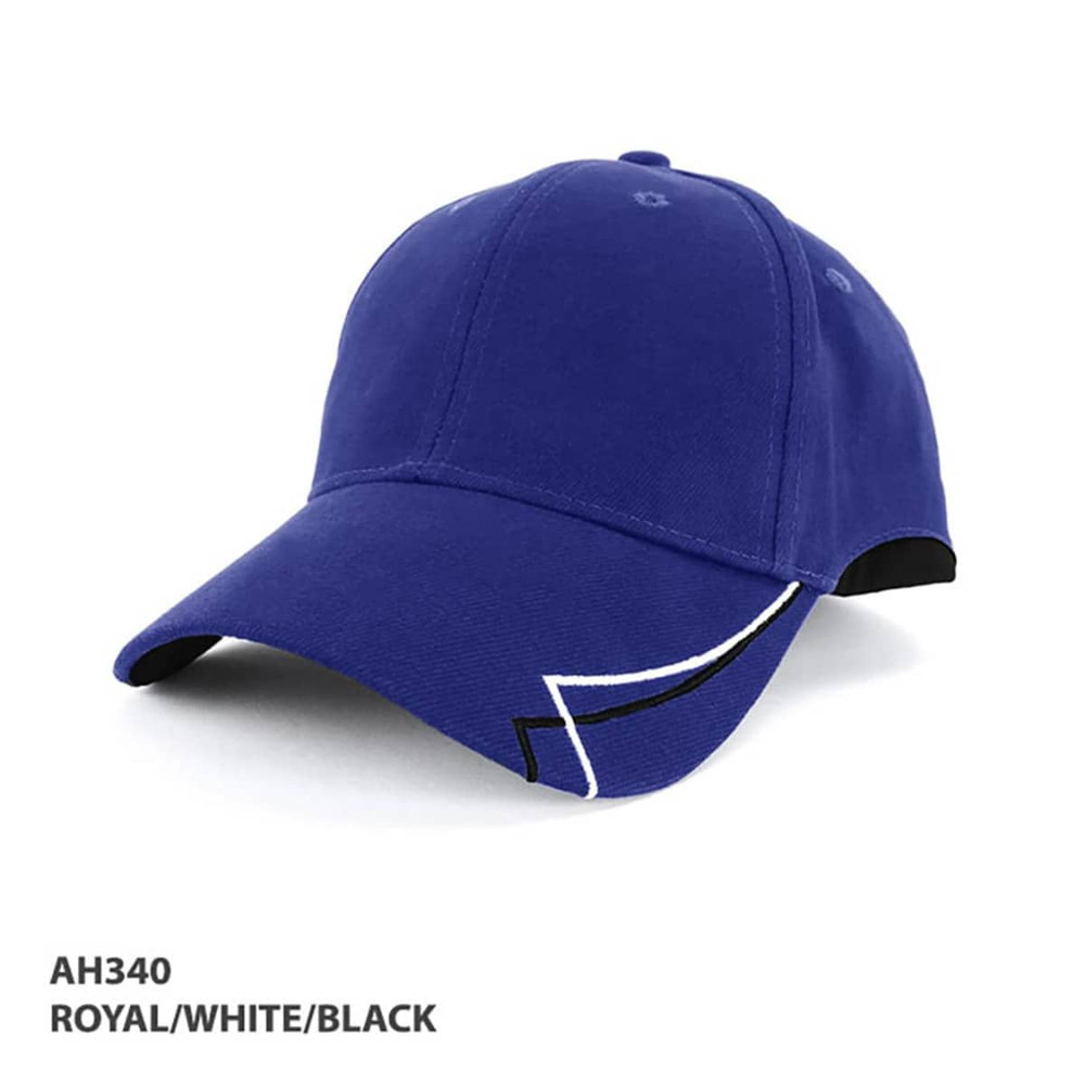 A royal blue cap with a black and white design, featuring a logo on the front and six-panel structure.