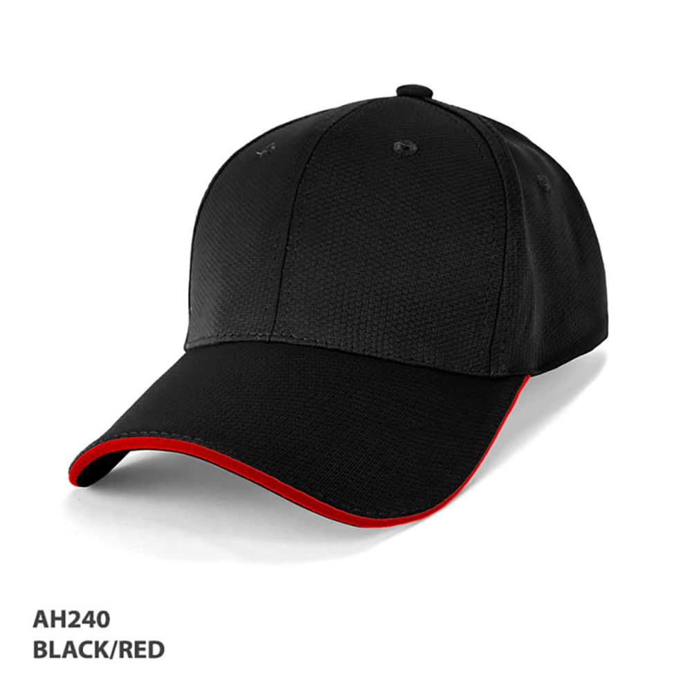 A structured cap in black with red accents, featuring a curved brim and a logo on the front.