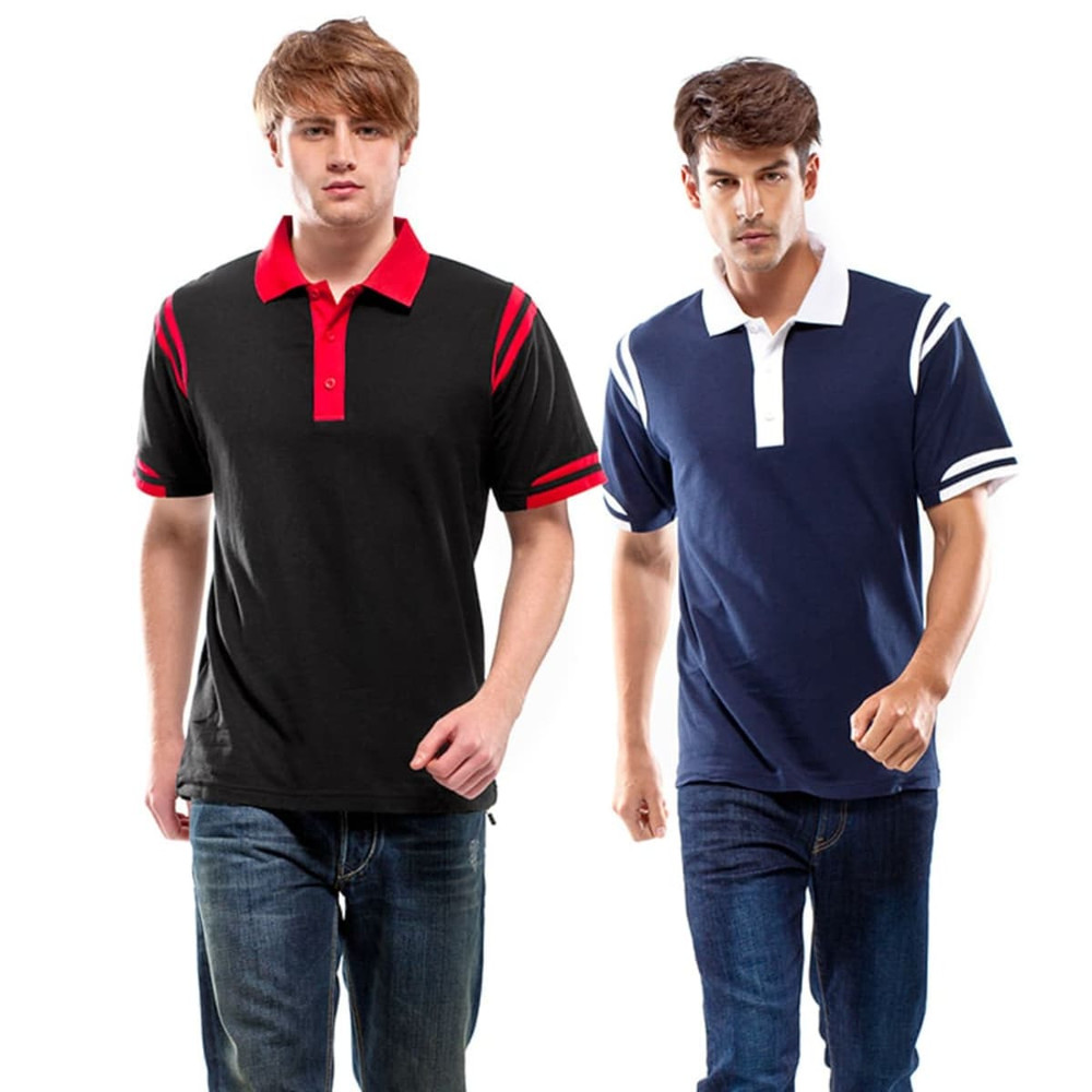 Two men wearing Stride Polos: one in black with red accents and the other in navy with white accents.