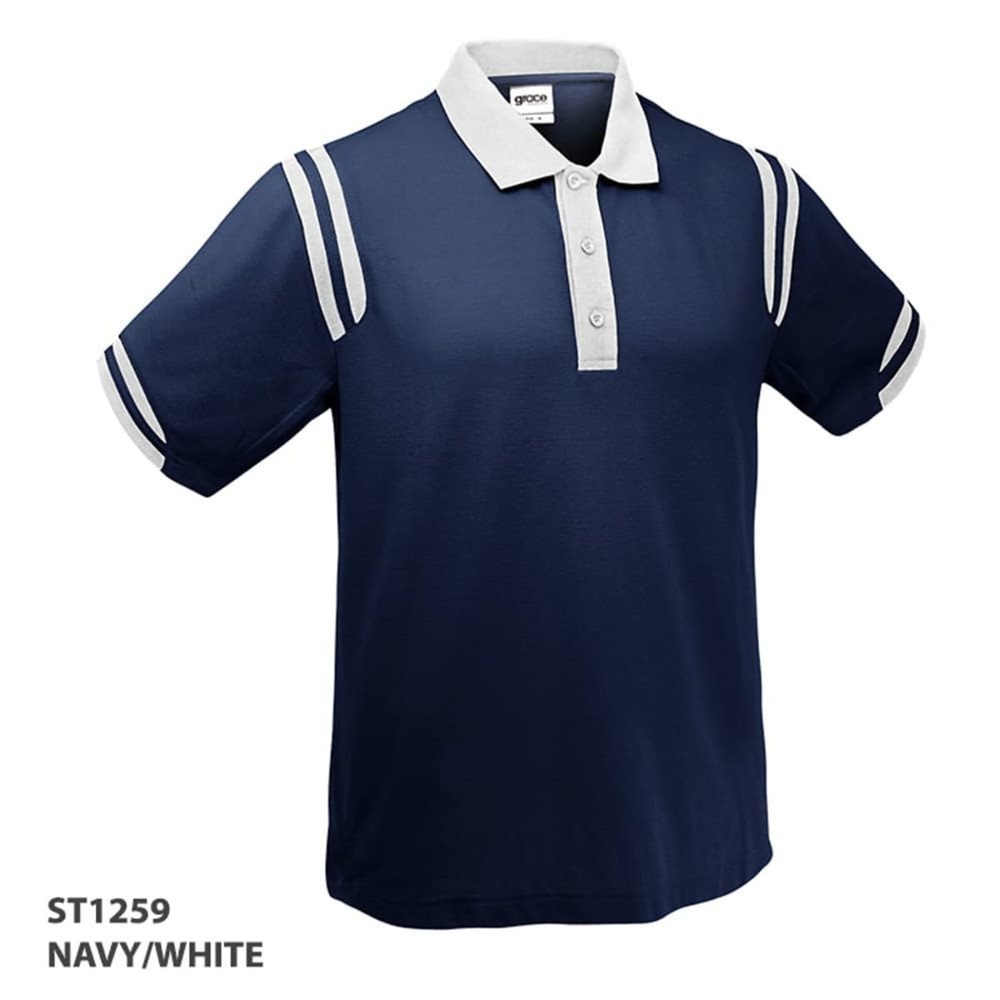 A navy and white polo shirt featuring a collared neckline and striped sleeves. The shirt has a logo on the collar.