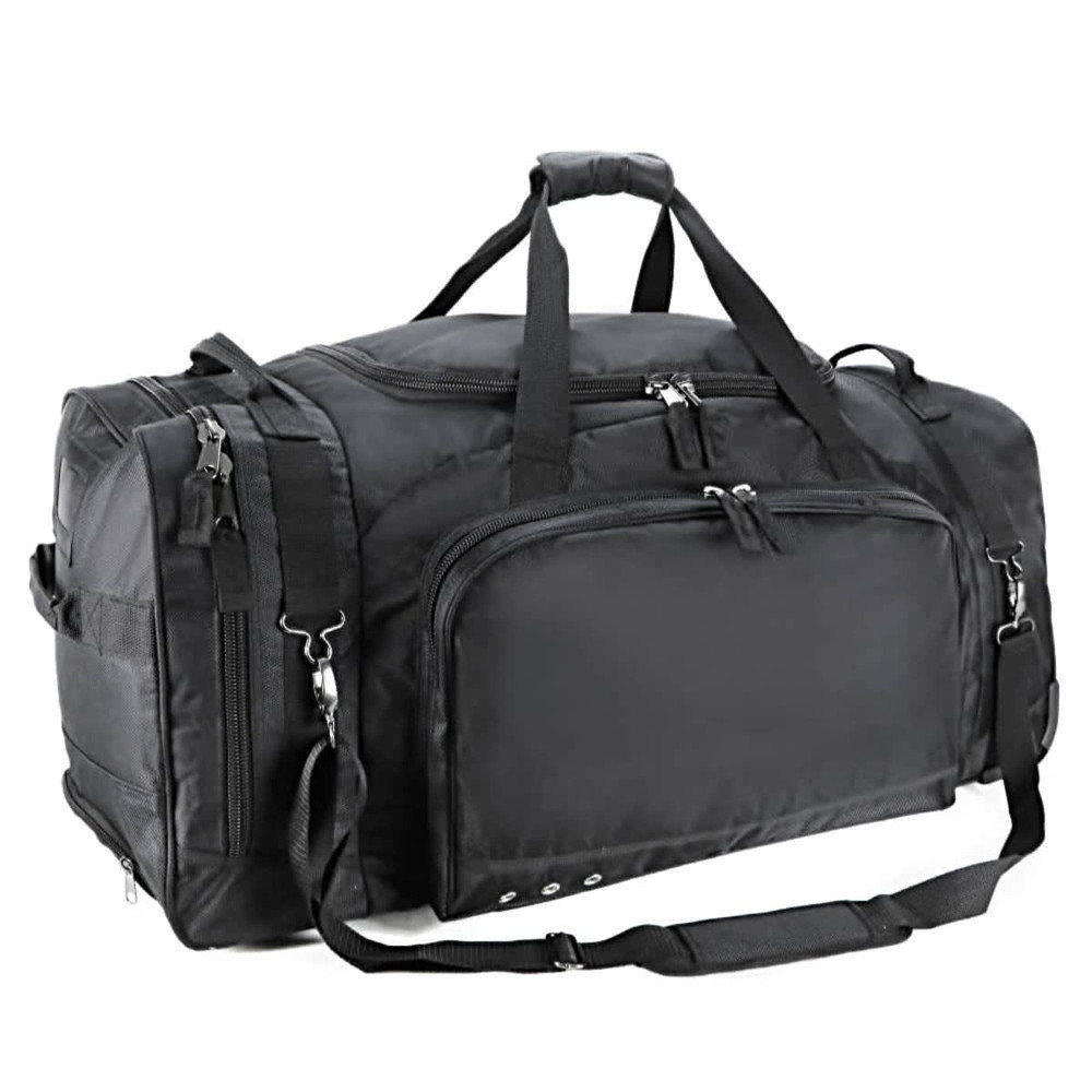 A black wheeled bag with multiple compartments and adjustable straps, featuring a logo.