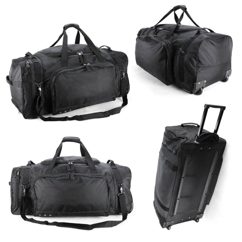A black wheeled bag with multiple compartments, featuring handles and a retractable trolley handle. It has a brand logo.