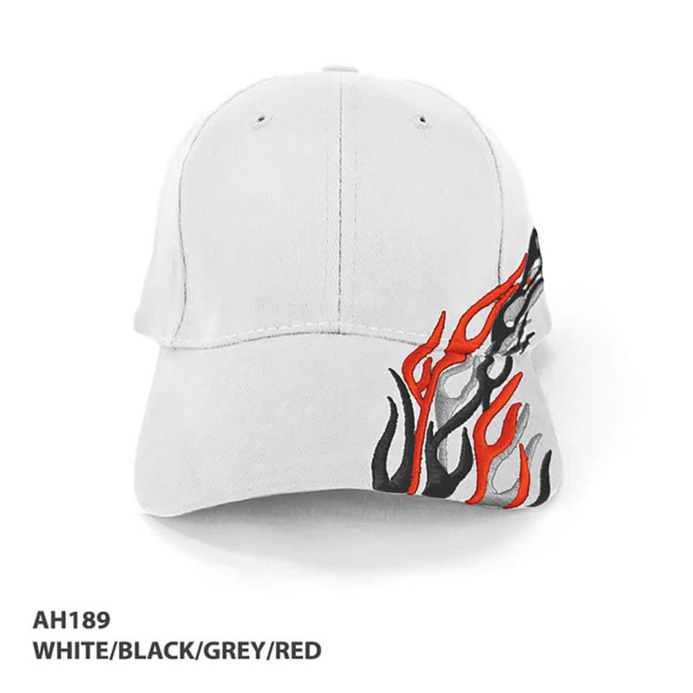 A cap in white with black, grey, and red flame designs. It features a logo on the front.