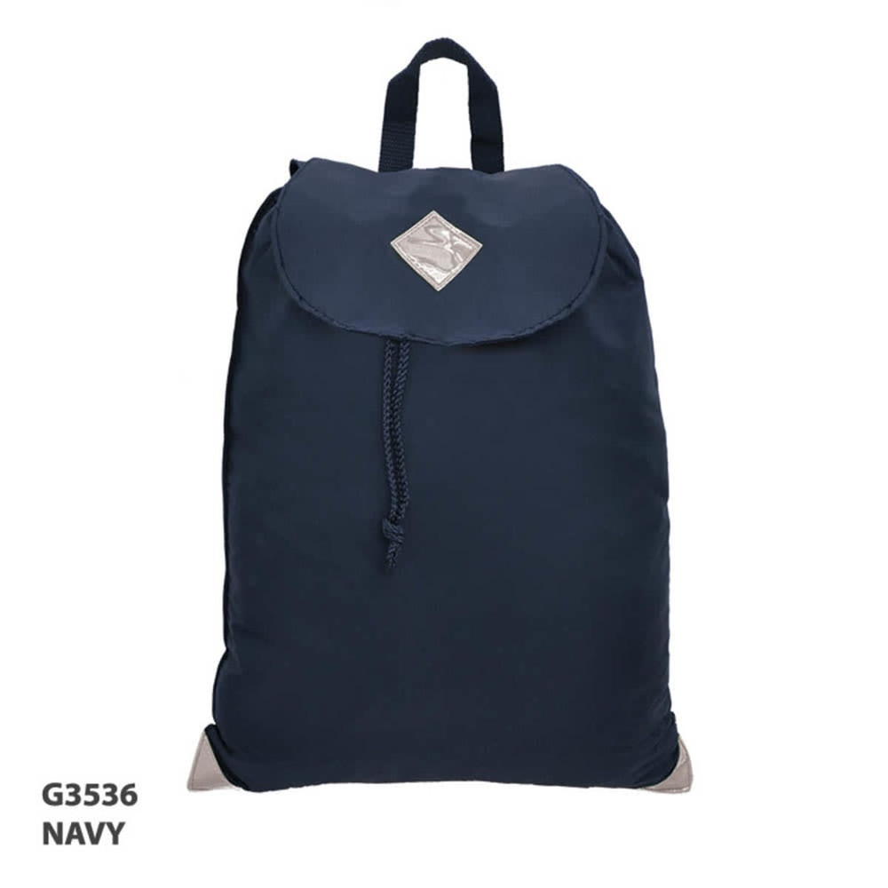 A navy satchel bag with a fold-over flap and a logo, featuring a drawstring closure and a sturdy handle.