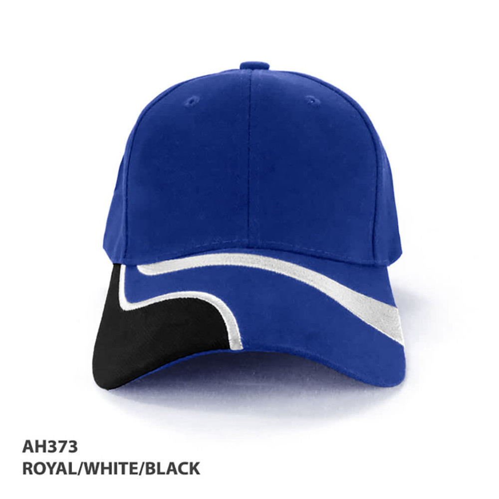 A blue cap with white and black accents, featuring a logo on the front.