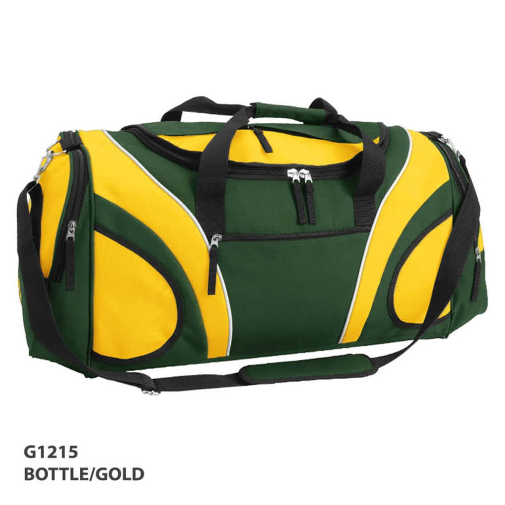 A duffle bag in bottle green and gold, featuring zippers, handles, and a shoulder strap. It has a logo on the side.
