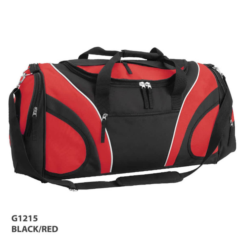 A duffle bag in black and red, featuring multiple zippers and a shoulder strap, with a logo on the side.
