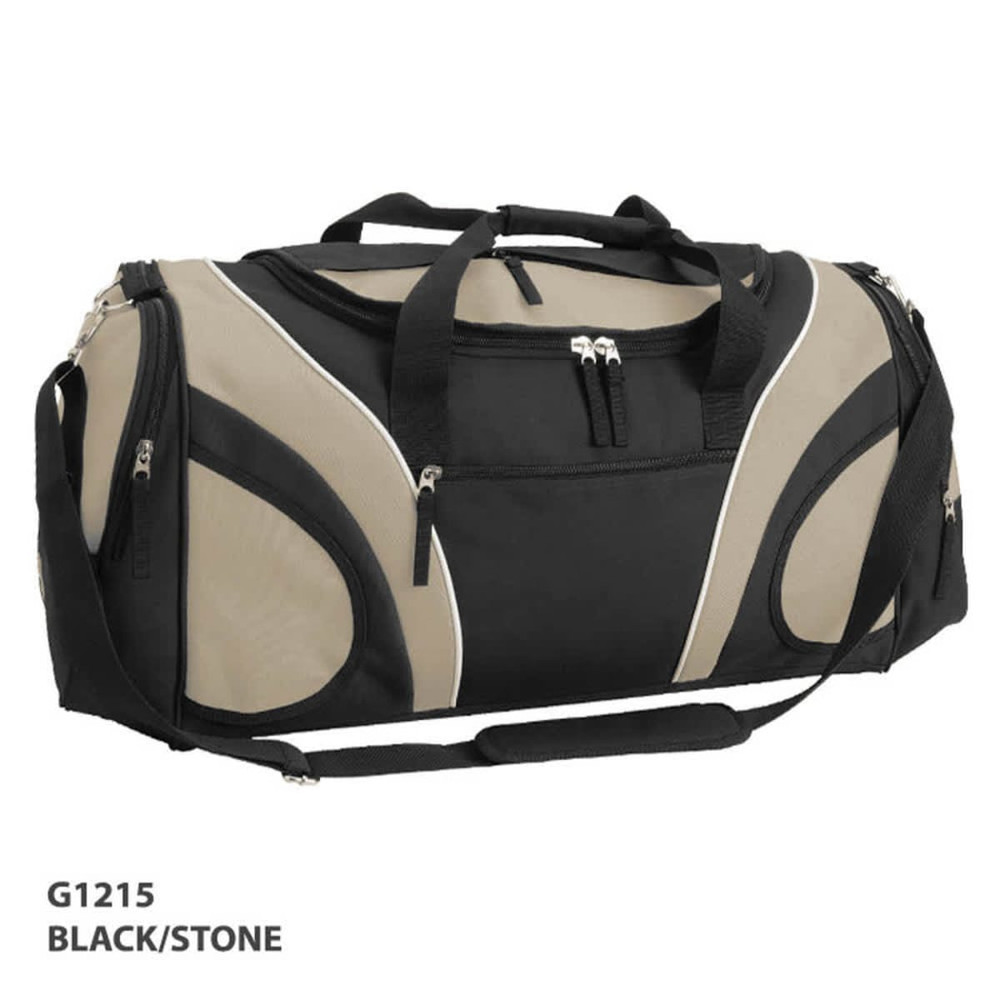 A duffle bag in black and stone, featuring zippers and a shoulder strap, with a logo on the front.