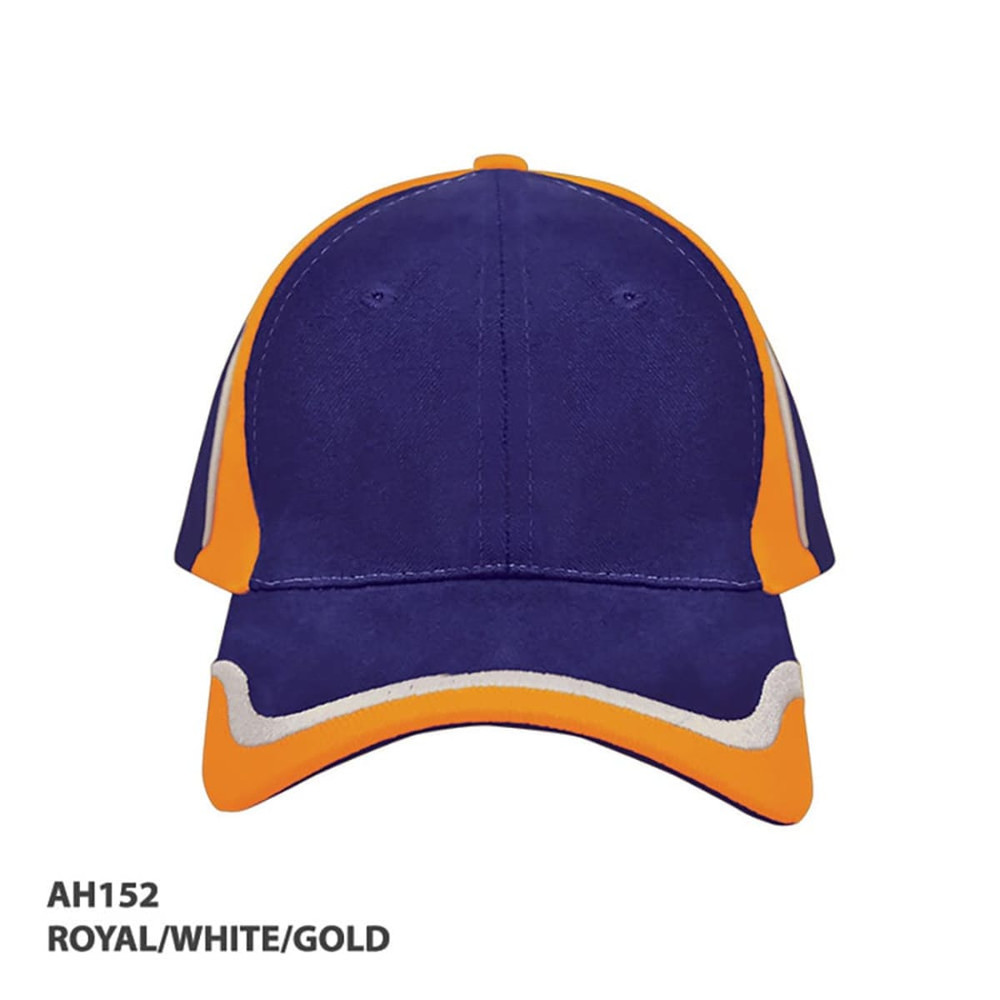 A cap featuring royal blue, white, and gold colours, with a curved brim and a logo.