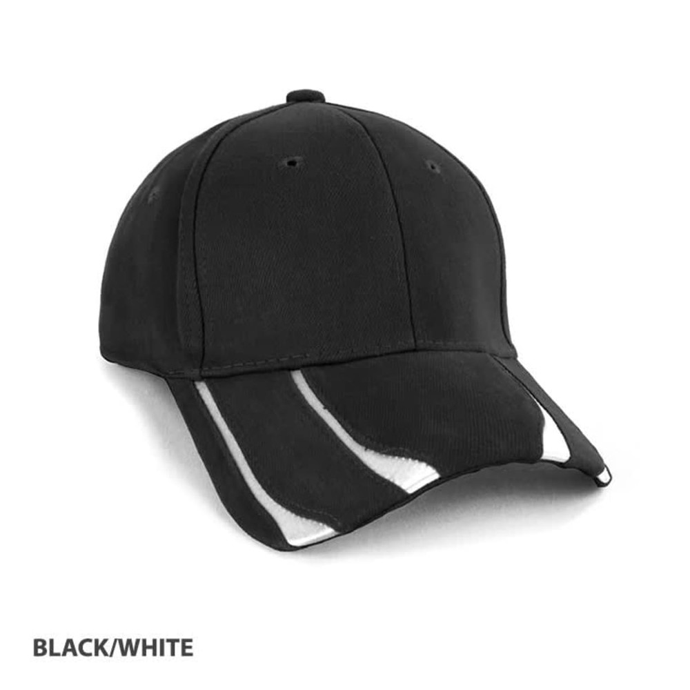 A black and white cap featuring a sleek design and a logo on the front.