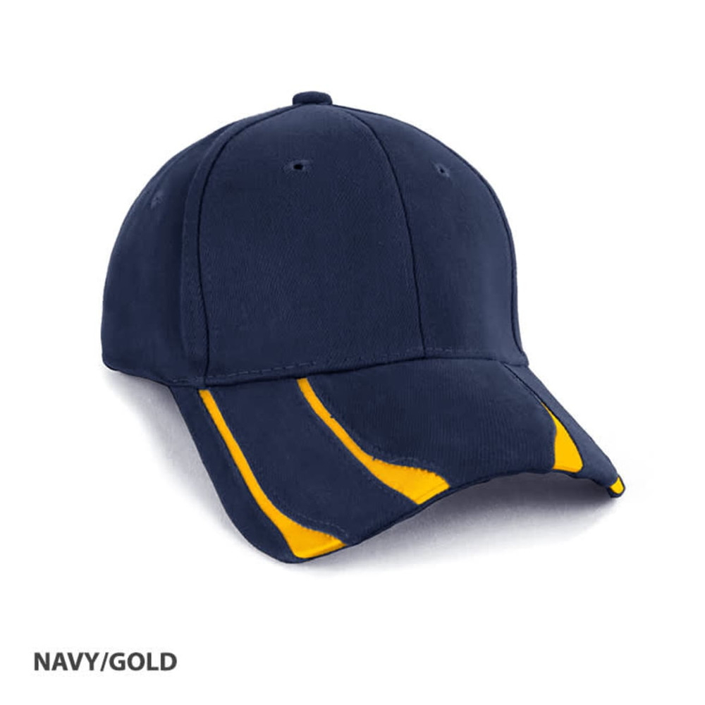 A navy cap featuring gold accents, designed with a sporty style and a logo on the front.